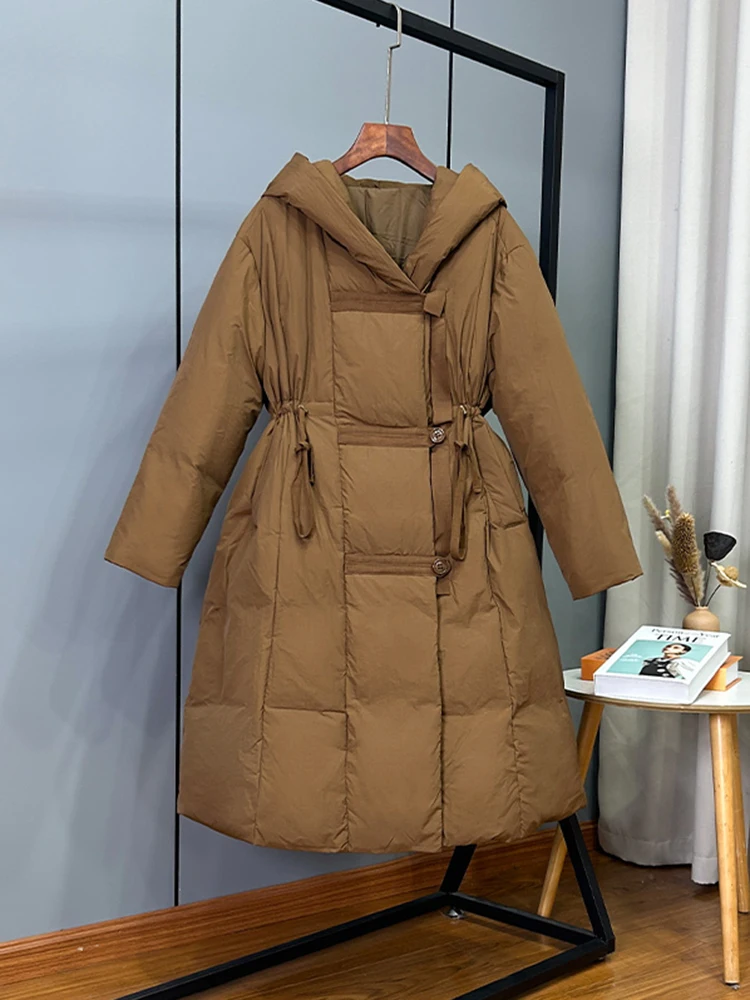 الشتاء فضفاض مقنعين الدافئة أسفل سترة الإناث الرباط طول الركبة السترات النساء الأبيض بطة أسفل رشاقته الصلبة باركر أبلى #4