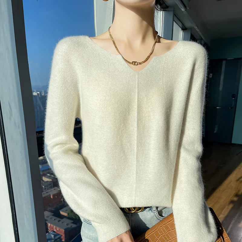 New 100 Pure Wool Knitted Base Sweater Women\'s Vneck Top Solid Color Interior Long Sleeve Cashmere Sweater Autumn/Winter Sweater