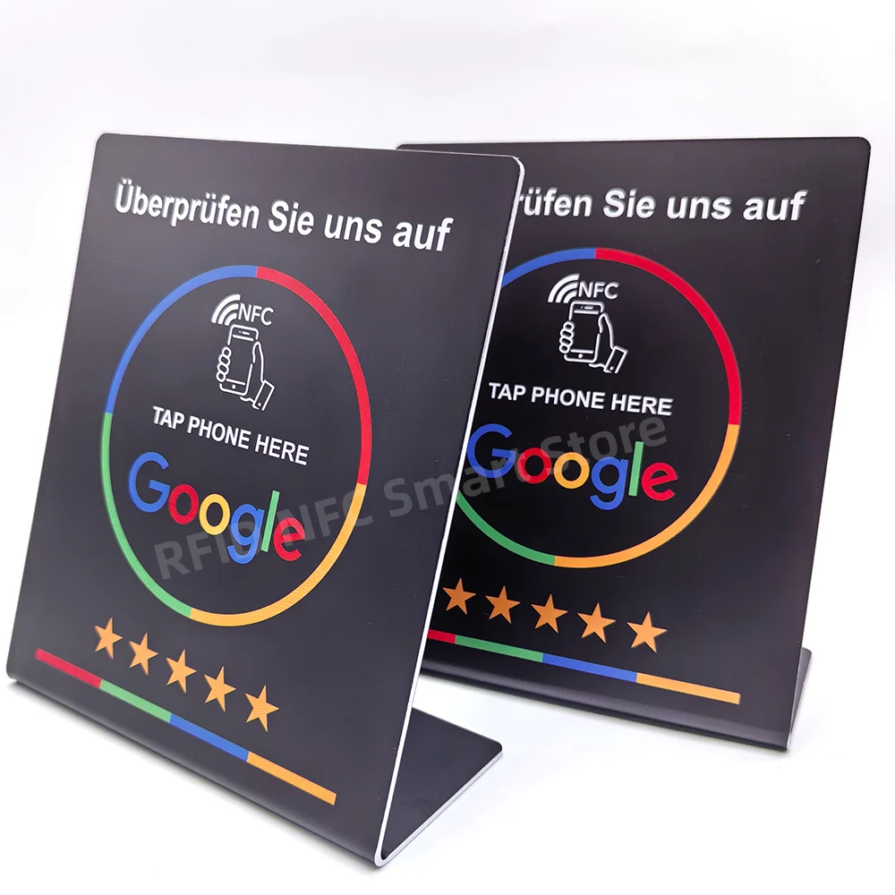 Überprüfen Sie uns auf NFC Stand Display Table Display 13.56MHz NFC Tap Card Stand Reivew us on Google NFC215 504bytes NFC Stand