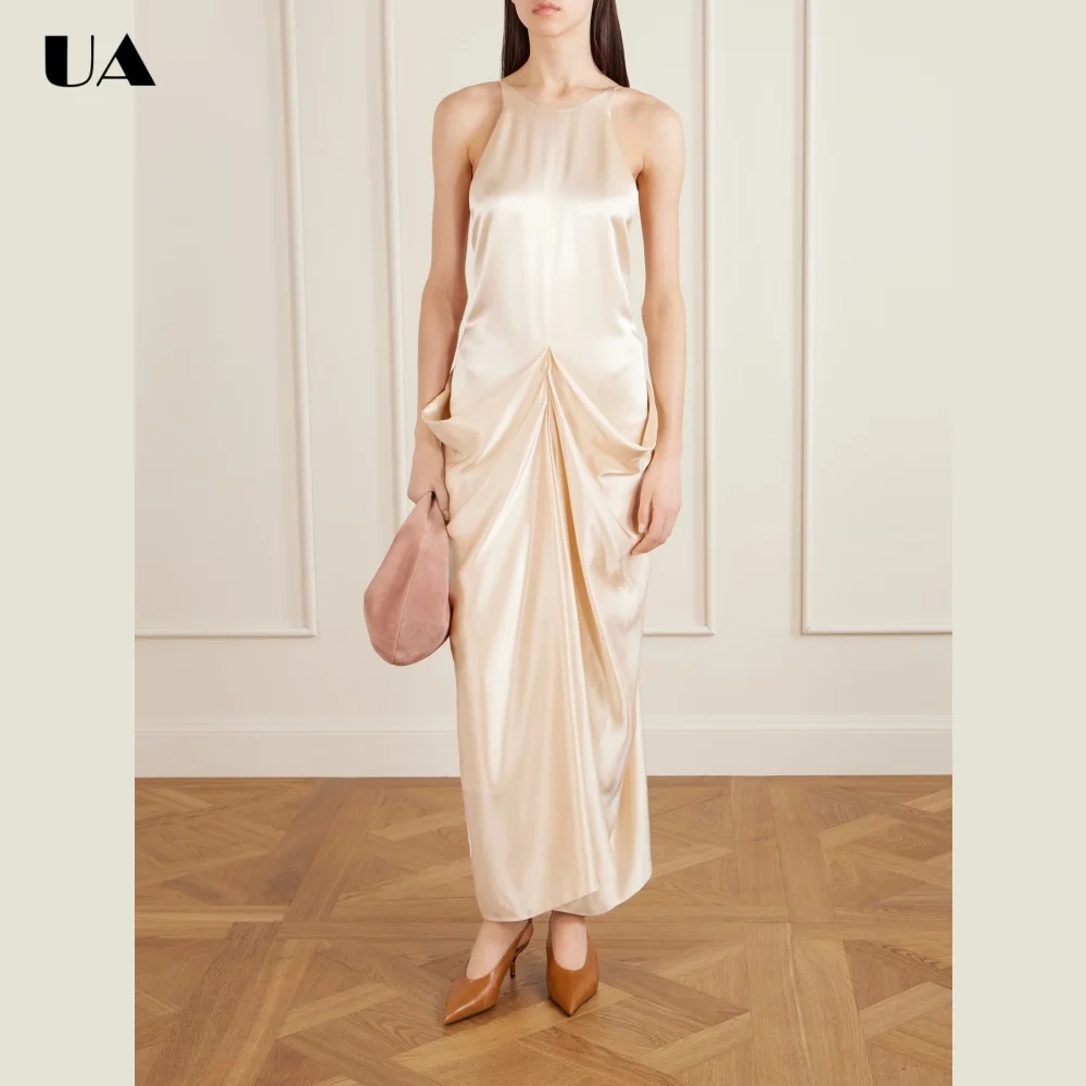 

ULBYANRY Customized Satin O-neck Draped Prom Dresses for Women, Sexy Open-back Evening Dress, Fashionable Sleeveless Ball Gown