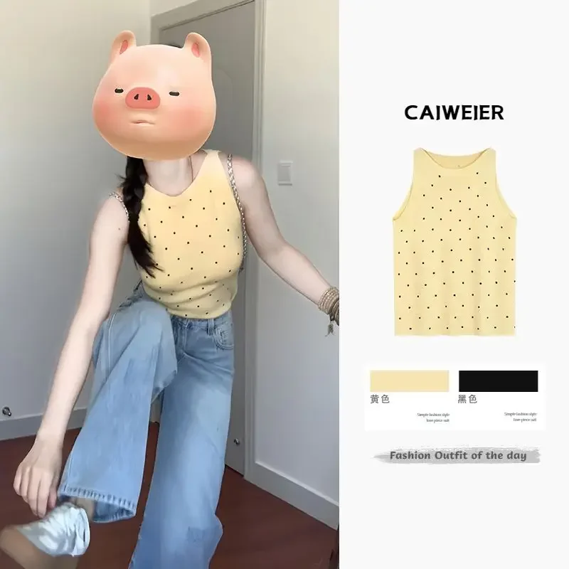 

Korean Chic Knitted Tops Vest Niche Design Polka Dot Simple O Neck Sleeveless Short Slim Knitting Tank Tops Female Clothing