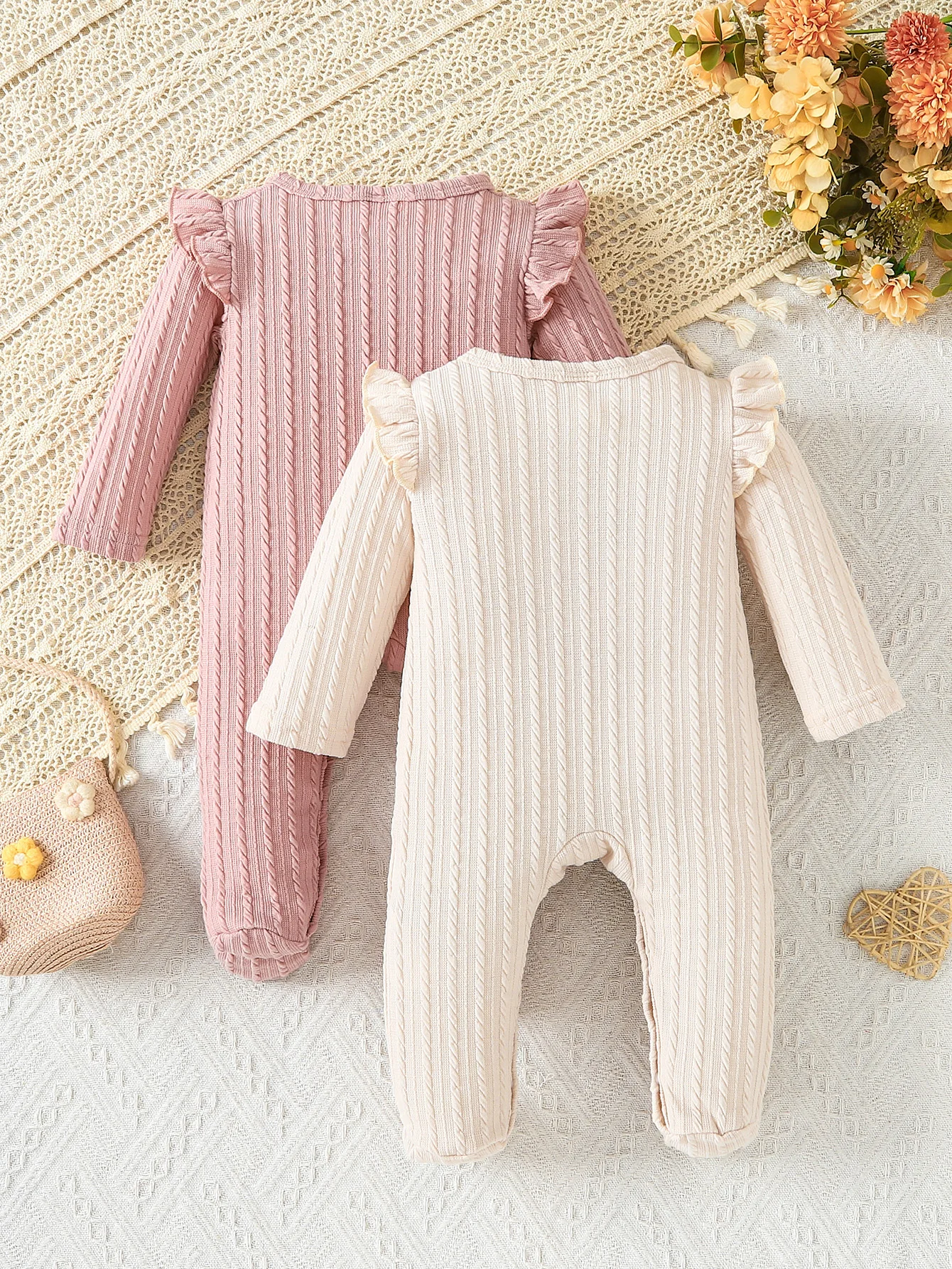 2Pcs Newborn Footed Romper, Cable Knit Ruffle Long Sleeve Baby Girl Jumpsuit Set 0-12M