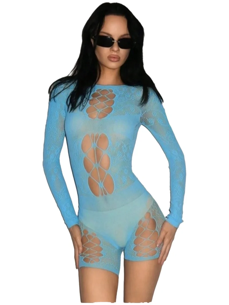 Sexy Mesh Casaul Bodysuits Jacquard Sexy Long Sleeve Hollow Out New Long Sleeved Transparent Bodysuits Charming Pure Desire FU70