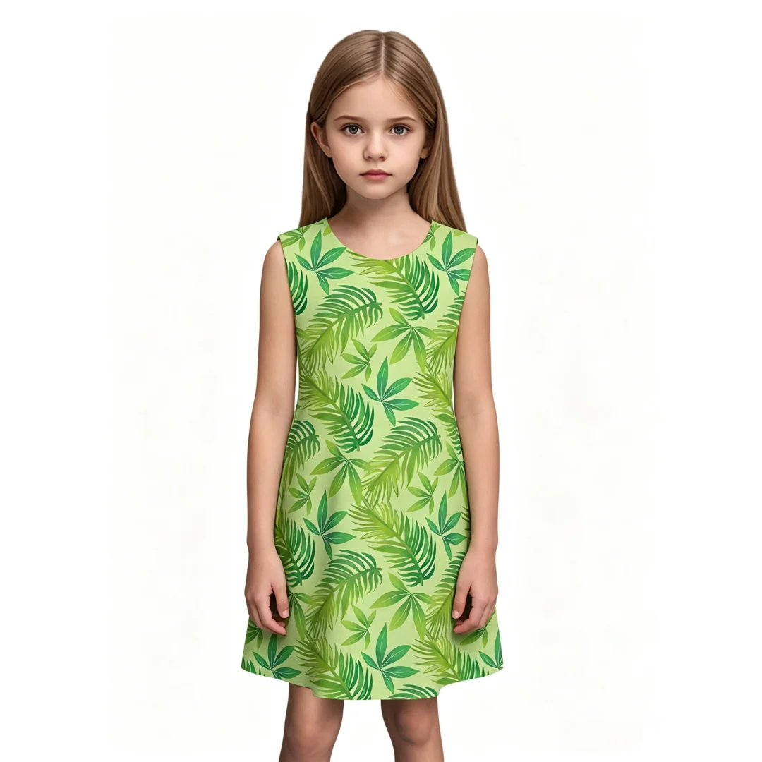Fashion Small Girls Sleeveless Tank Dress Vivid Autumn Maple Leaf Mushroom Print Casual Outfit for Daily and Seasonal Wear