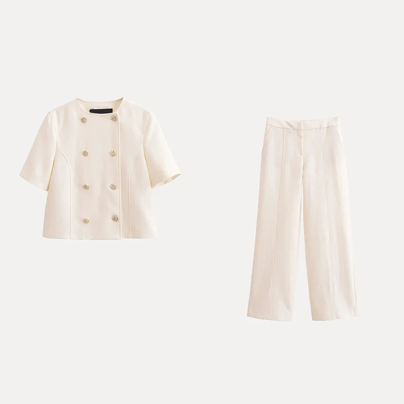 

Spring Women's High Waist round Ne Top And Straight Leg Pants Faion Set Casual Sle Polyester Fiber Four Seasons Suitable