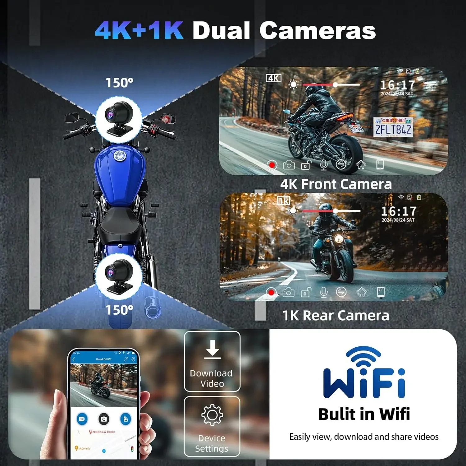 8.1 بوصة دراجة نارية DVR 4K + 1080P عدسة مزدوجة موتو لتحديد المواقع والملاحة IPX7 مقاوم للماء IPS عرض CarPlay اللاسلكية وأندرويد السيارات