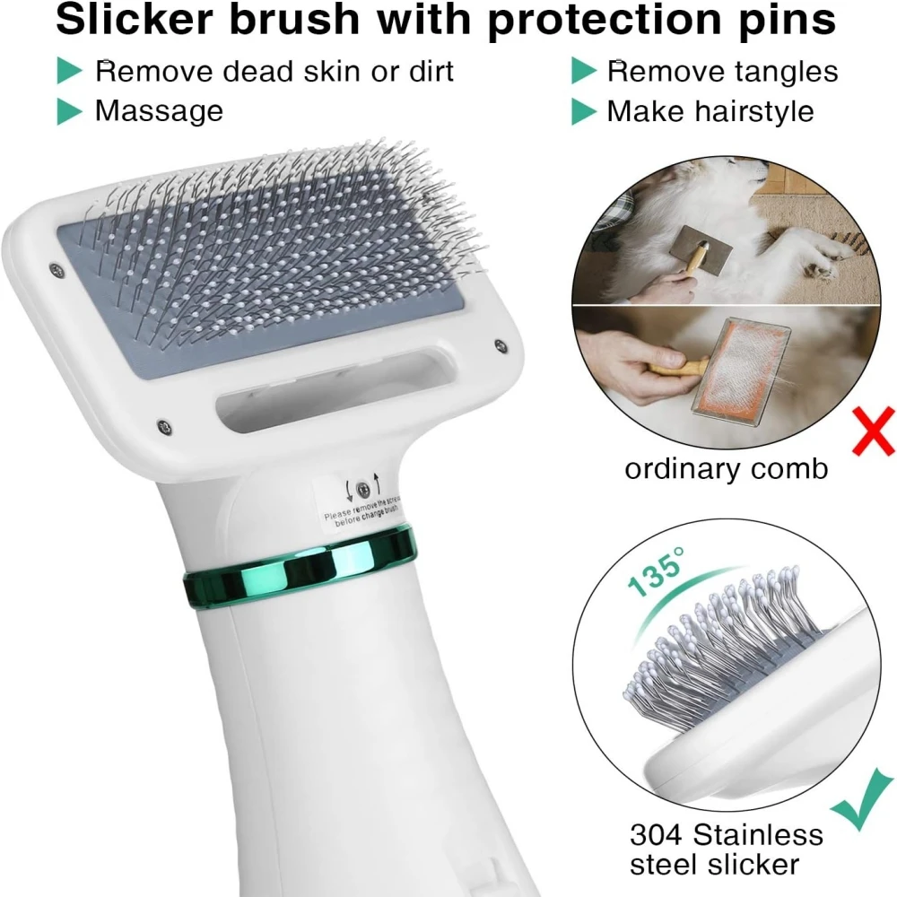 Pet Hair Dryer 2 in 1 Quiet Portable Pet Grooming Blower with Slicker Brush 2 Heat Setting Pet Hair Removal Comb Home Pet Care