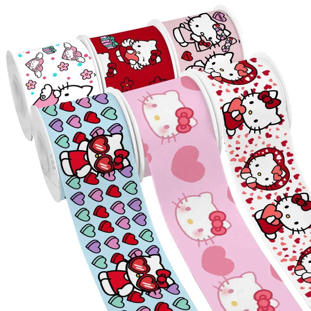 Valentine's Day Sanrio Heart Hello Kitty Printed Grosgrain Satin Ribbon for Gift Wrapping Hair Bow Craft Accessory 50 Yards