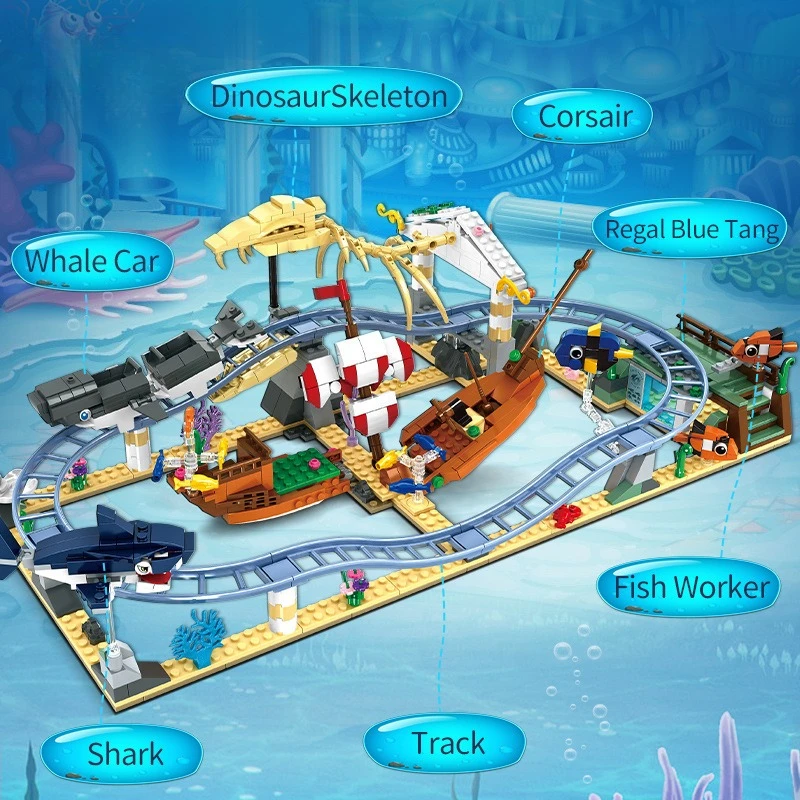 수중 해양 세계 상어 공룡 롤러코스터 트랙 블록 어린이 교육용 소형 입자 조립 장난감