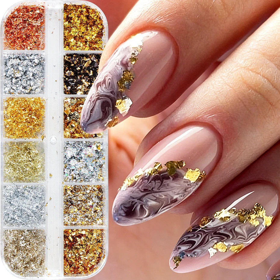 

12 Grids Golden Silvery Foils Glitter Nail Art Flakes Sequins Gorgeous Nails Glitter Irregular Sparkles Flakes Nail Art Decor