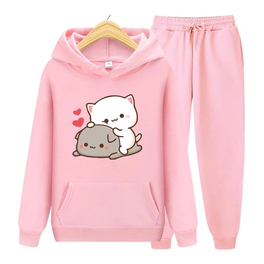 Conjunto de Sudadera con capucha para mujer, ropa holgada de manga larga con estampado de té de burbujas de Bubu y Dudu Drink, estilo Kawaii y Harajuku