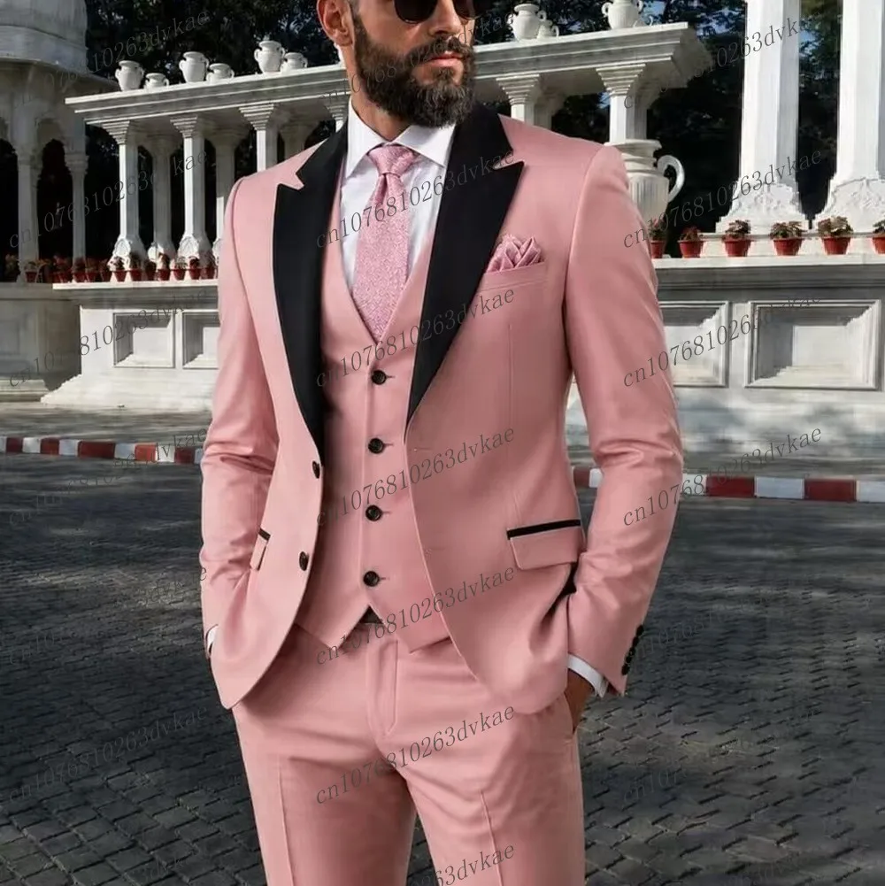 Black Collar Pink Men Suit Business Prom Wedding Party Formal Groom Groomsman Male Tuxedos 3 Piece Set Jacket Vest Pants