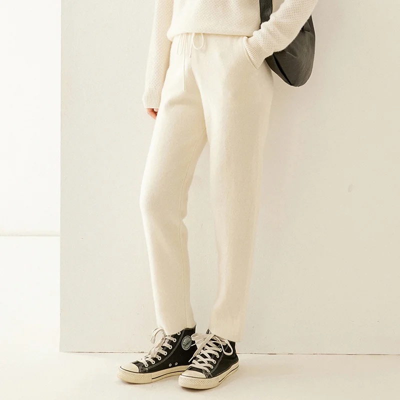 High-end Women 100% Cashmere Pants Casual Lace-up Pencil  Pants Autumn Winter Thick Warm Cashmere Knitted Ankle Length Trousers