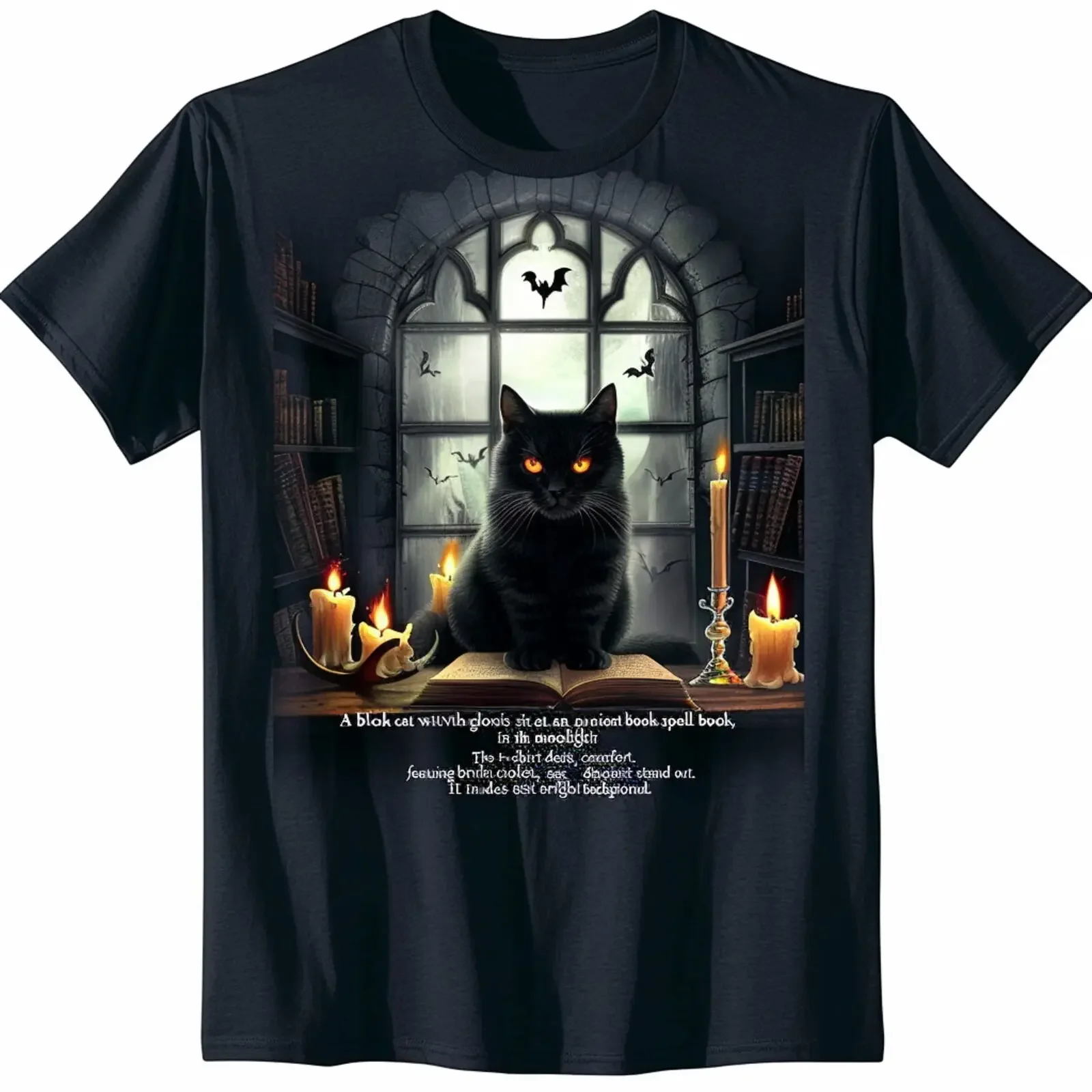 Gothic Witch Black TShirt: Mysterious Moonlit Cat & Spellbooks Design