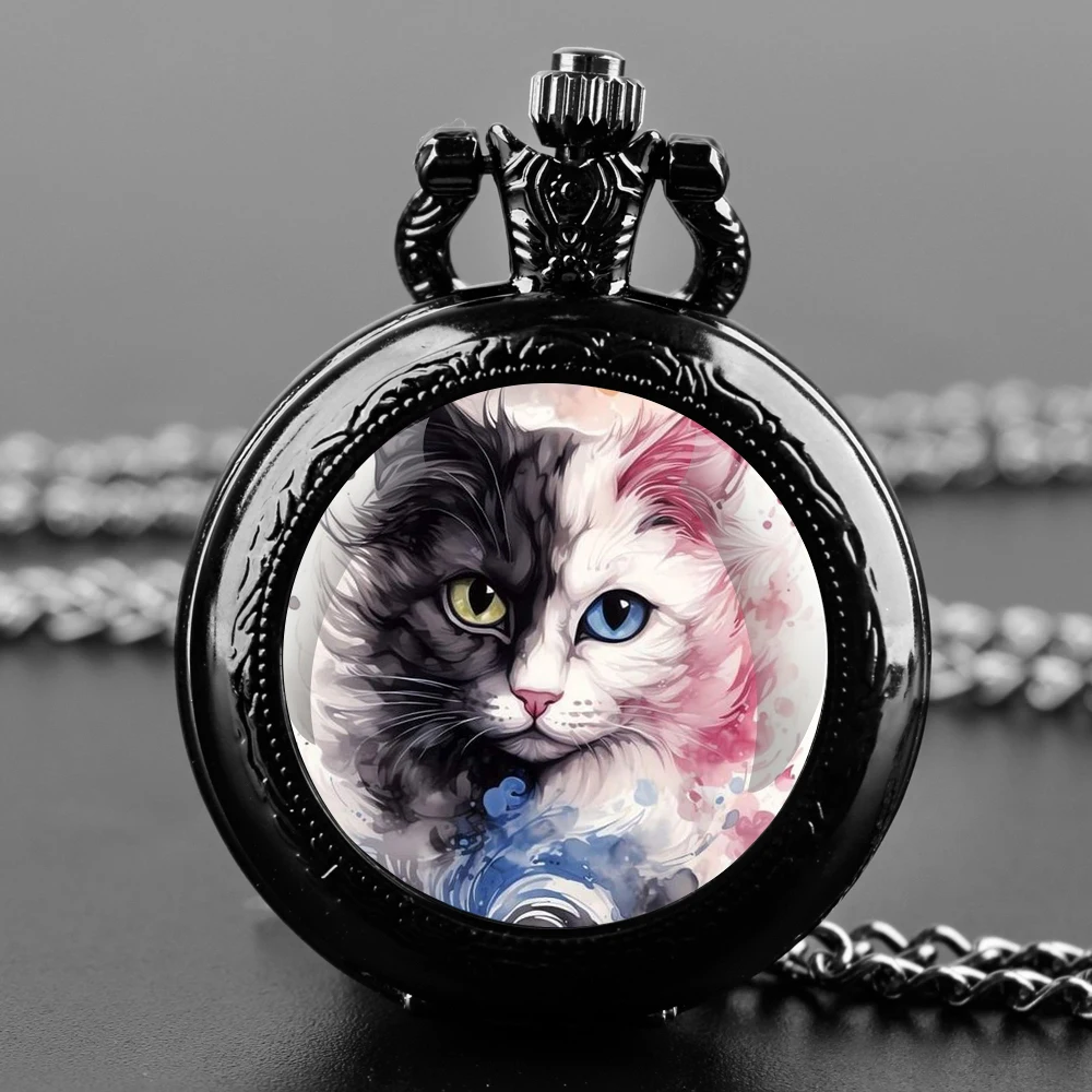 Painted Cat Inspired Design Black Quartz Pocket Watch with Durable Chain Arabic Numeral Time Display for Men and Women Gifts