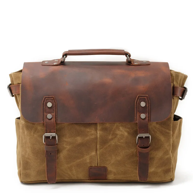 Men's Retro Briefcase Computer Laptop Bag Waxed Canvas Stitching Cowhide Leather Handbags Work Male Portable Shoulder Messenger