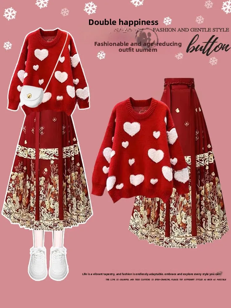 

Red Knitted Sweater And Hanfu Skirt Two-Piece Set for plus Size Women Autumn Winter Chinese Style Sweet Style Long Sleeve rou...