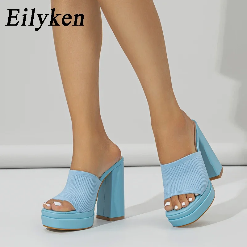 Eilyken Brand Design Knitted Platform Chunky High Heels Slippers Women Catwalk Roma Style  Peep Toe Fashion Ladies Shoes Sandals