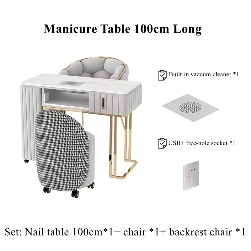 Nail Dust Collector Multiple Tables Built in Nail Salon Furniture White Gold Nail Table Luxury Manicure Table