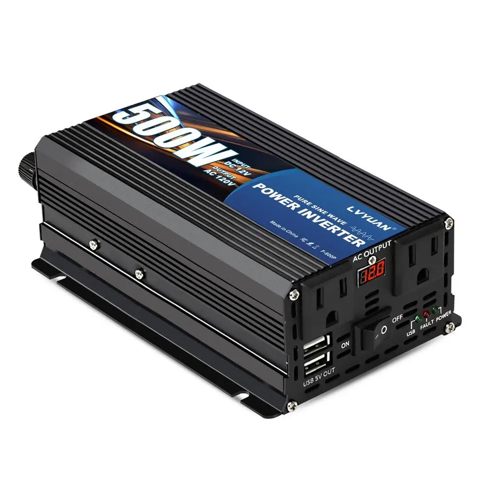 500W Pure Sine Wave Power Inverter Dual AC Outlets USB Ports Vehicle Camping RV Use