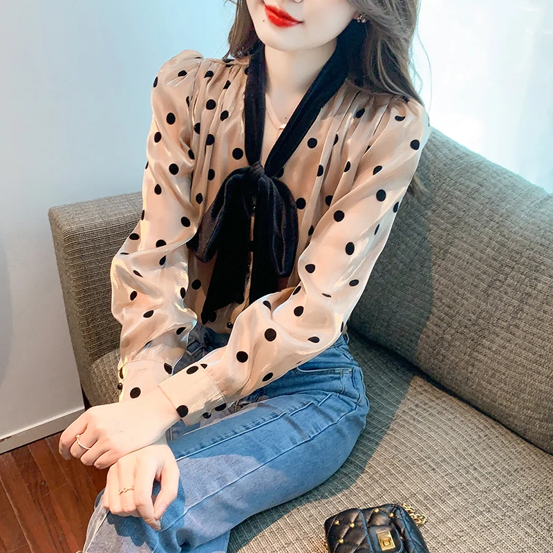 2025 Spring New blouses Korean fashion Polka Dot Women's Clothing Bow Tie Long Sleeve Shirt for Women OL Casual Base Layer Tops