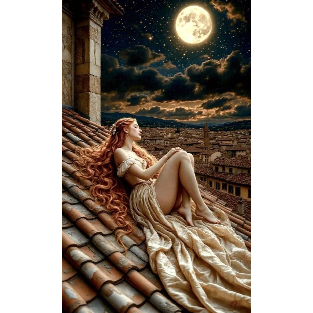 

500/1000/1200/2000 PCS Jigsaw Puzzles Woman Moon Viewing Roof Landscape Family Activity Games for Gameroom Bedroom Home Decor