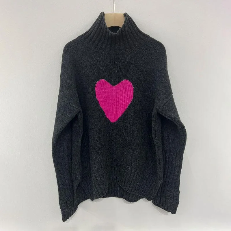 Zadig Women Cashmere Sweaters Elegant Pink Rose Heart Loosen Jumpers Female Chic Turtleneck Dark Grey Sweaters Tops Clothings