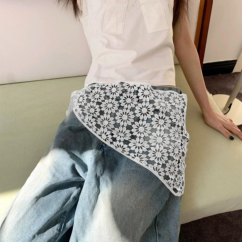 

Корейский элегантный кружевной треугольный шарф для женщин, вязаный крючком вручную, кружевной шарф с цветочным узором, летний солнцезащитный головной платок