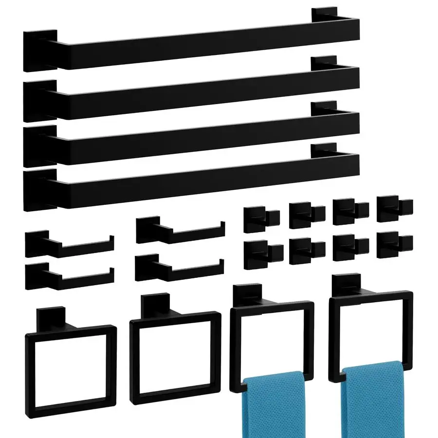 Matte Black Bathroom Accessories Set, 16 Inch Bath Towel Bar Set, SUS 304 Stainless Steel Bathroom Hardware Set, Towel Racks for