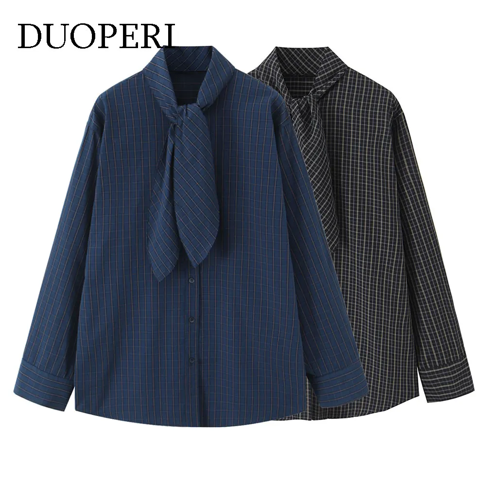 DUOPERI Camicetta monopetto scozzese da donna con fiocco Colletto a sciarpa Maniche lunghe Camicie da donna eleganti ed eleganti da donna