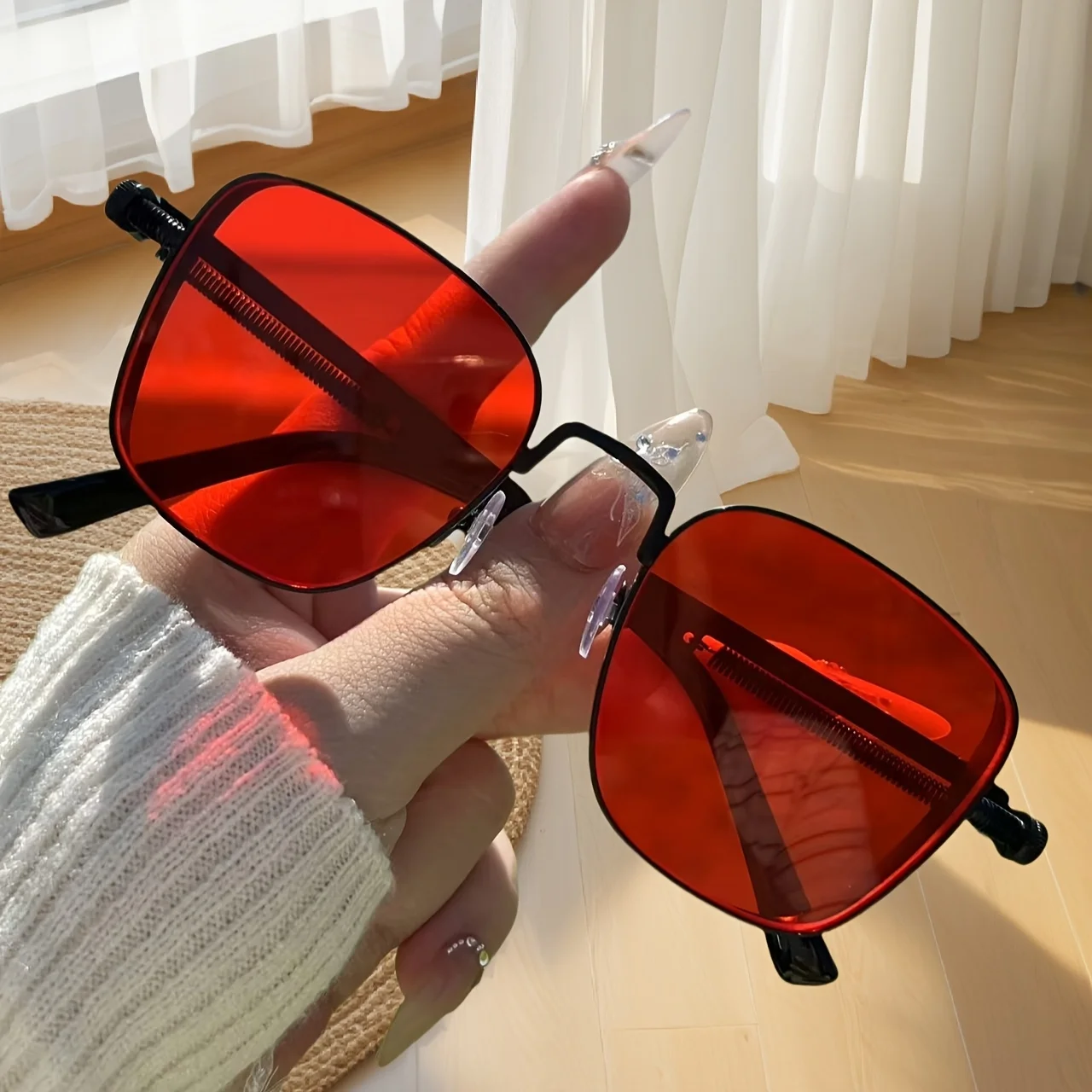 

Neutral Retro Glasses - Red Lenses with Black Frame Extra Large Round Retro Fashion Glasses, Unisex Over-the-Counter Fashion Accessories, Suitable for Daily and Formal Settings, Bold Declaration Items, Women's Rectangular Glasses