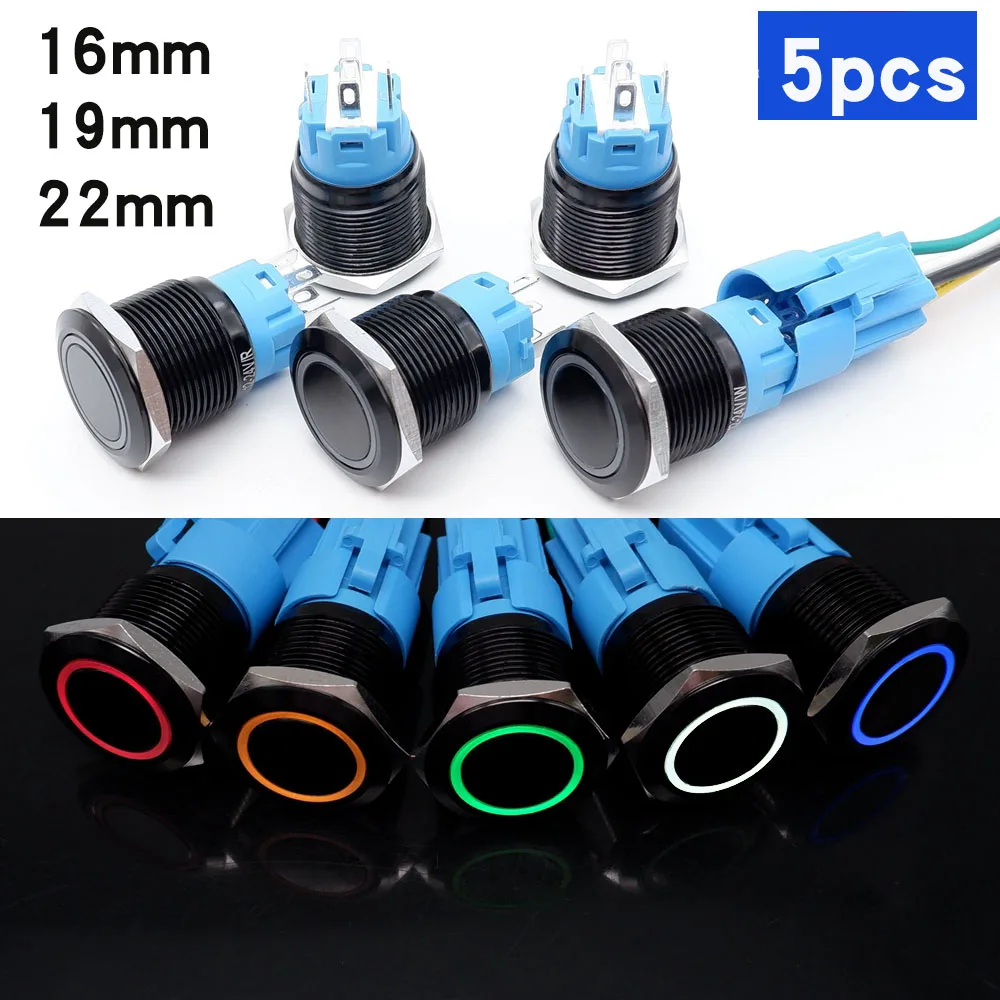 

5pcs Black Push Button Switch 12v Waterproof illuminated Led Light 16/19/22mm Metal Flat Momentary Fixed Self-locking 5V 24V