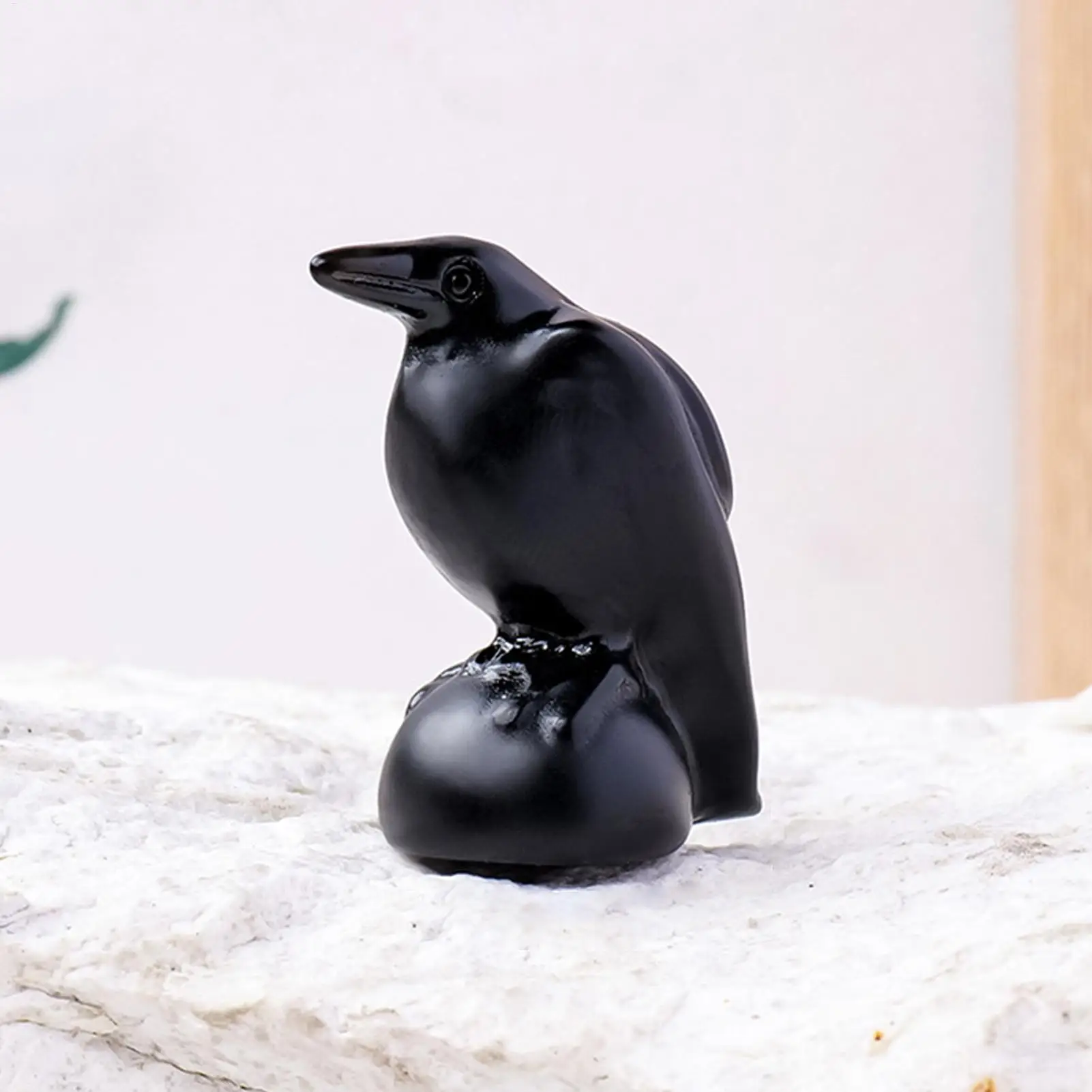 Schwarze Krähenfigur aus Naturstein, Vogelskulptur, Sammlerstück, Obsidian, handgefertigte LuckyBird-Statue für Wohnzimmer, Bücherregale