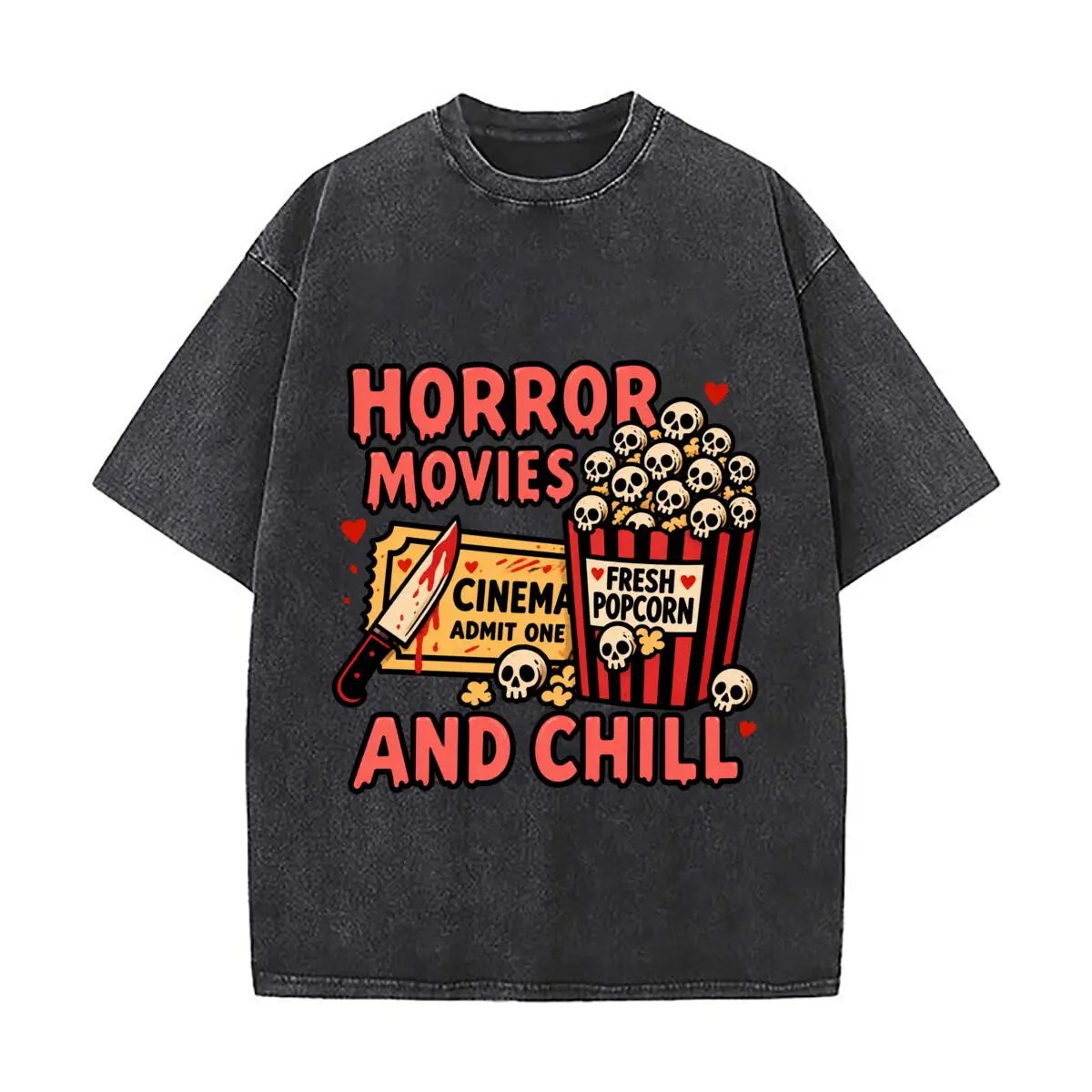 Horror Movies And Chill Cinema Admit One Fresh Popcorn Skull Knife Washed Distressed Loose Streetwear Tops for City Walks