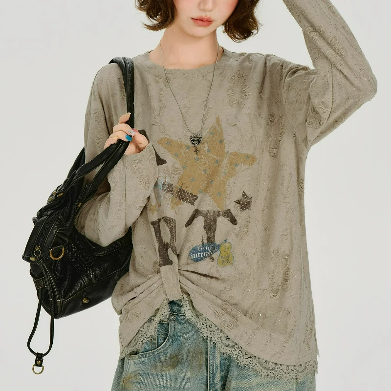 2026 Autumn New Sweet Cool Y2k Cute Loose Design Women's T-shirt American Retro Khaki Lace Splicing Long-sleeved T-shirts Ladies