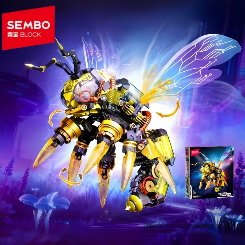 SEMBO BLOCK Mechanical Bee Deformable Assembling Building Tap Light Toy Cartoon Model Desktop Collection Ornaments Holiday Gift