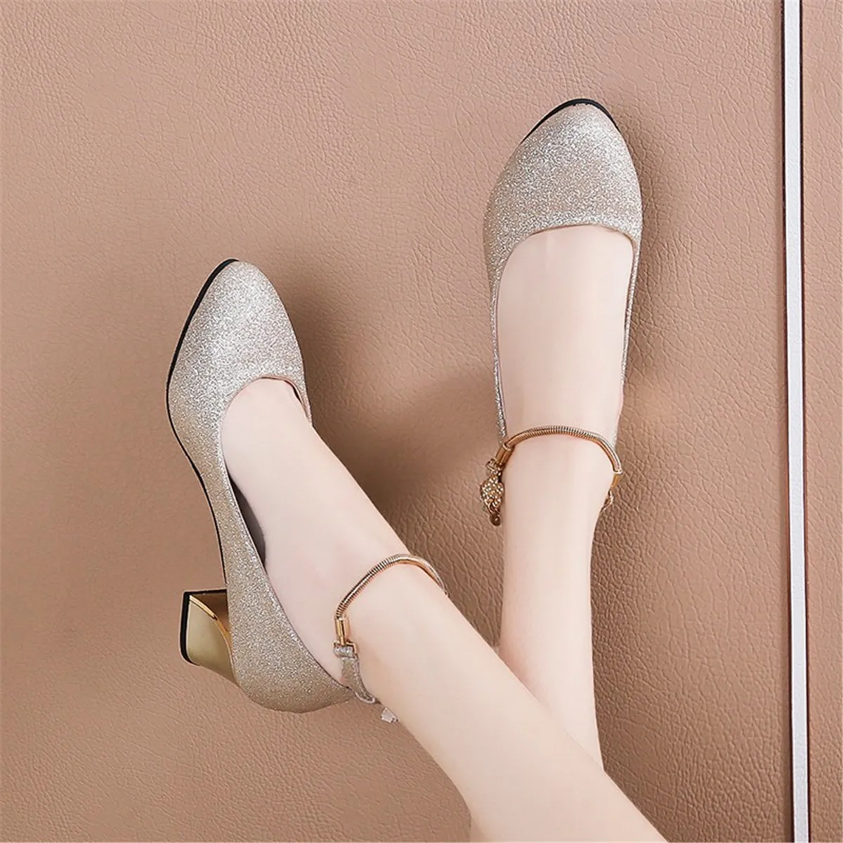 High Heels Chunky Single Shoes for Women, Round Head, Wedding Shoes, Simple Word Buckle, Work Shoes, Spring Autumn, New Fashion
