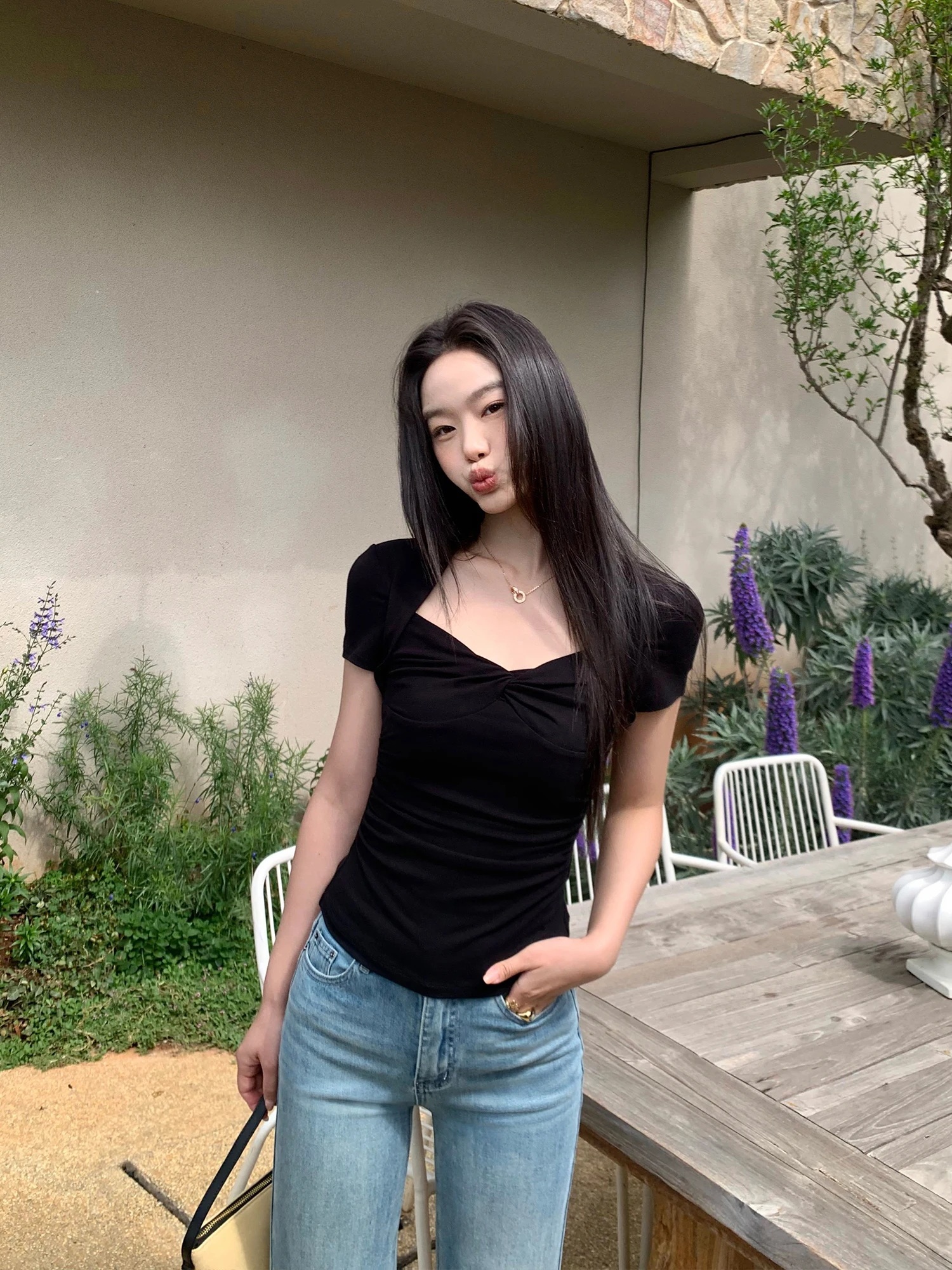 Pusumede Pure Desire Twist Design Square Collar Short Sleeve Women's T-shirt Waist Cinching Slimming Top Casual Style