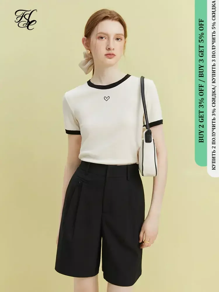 

FSLE Women Knitted T-Shirt Women Slim Simple Tees 2023 Summer White Short T-Shirts Round Neck Front Shoulder Tops For Women