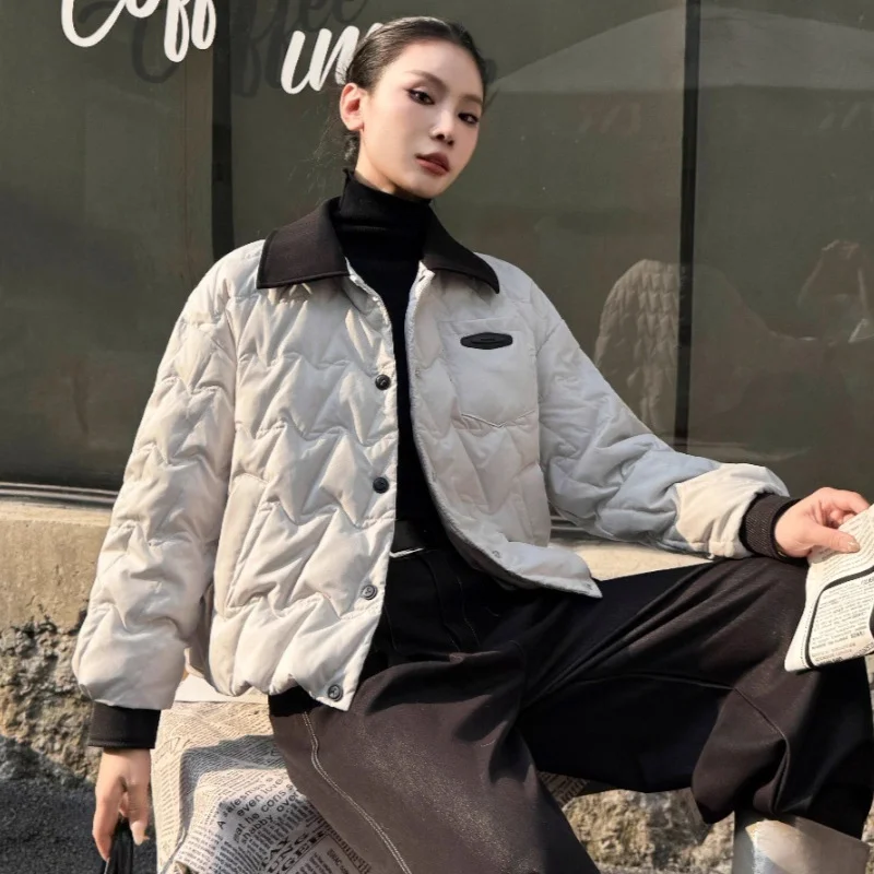 المرأة قصيرة أسفل سترة 2025 شتاء جديد وصول رفرف طوق المألوف عادية فضفاضة تناسب معطف دافئ العصرية #1