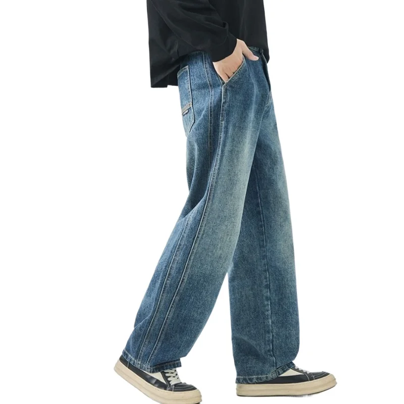 Men's American Vintage Loose Wide-leg Straight Jeans Casual Trousers Street Hip-hop Baggy Jeans Solid Streetwear Autumn Winter