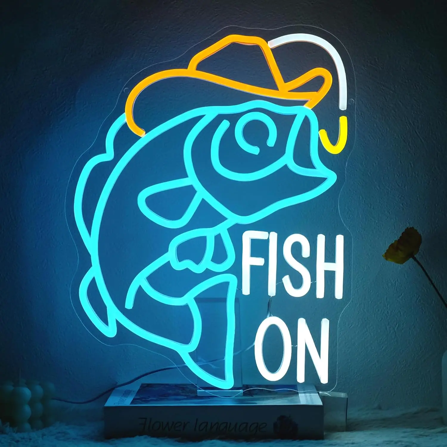 Fish On Neon Sign Dimmable Go Fishing Neon Light Sign for Wall Decor Fish Led Signs for Fishing Gear Shop Living Room Man Cave Y