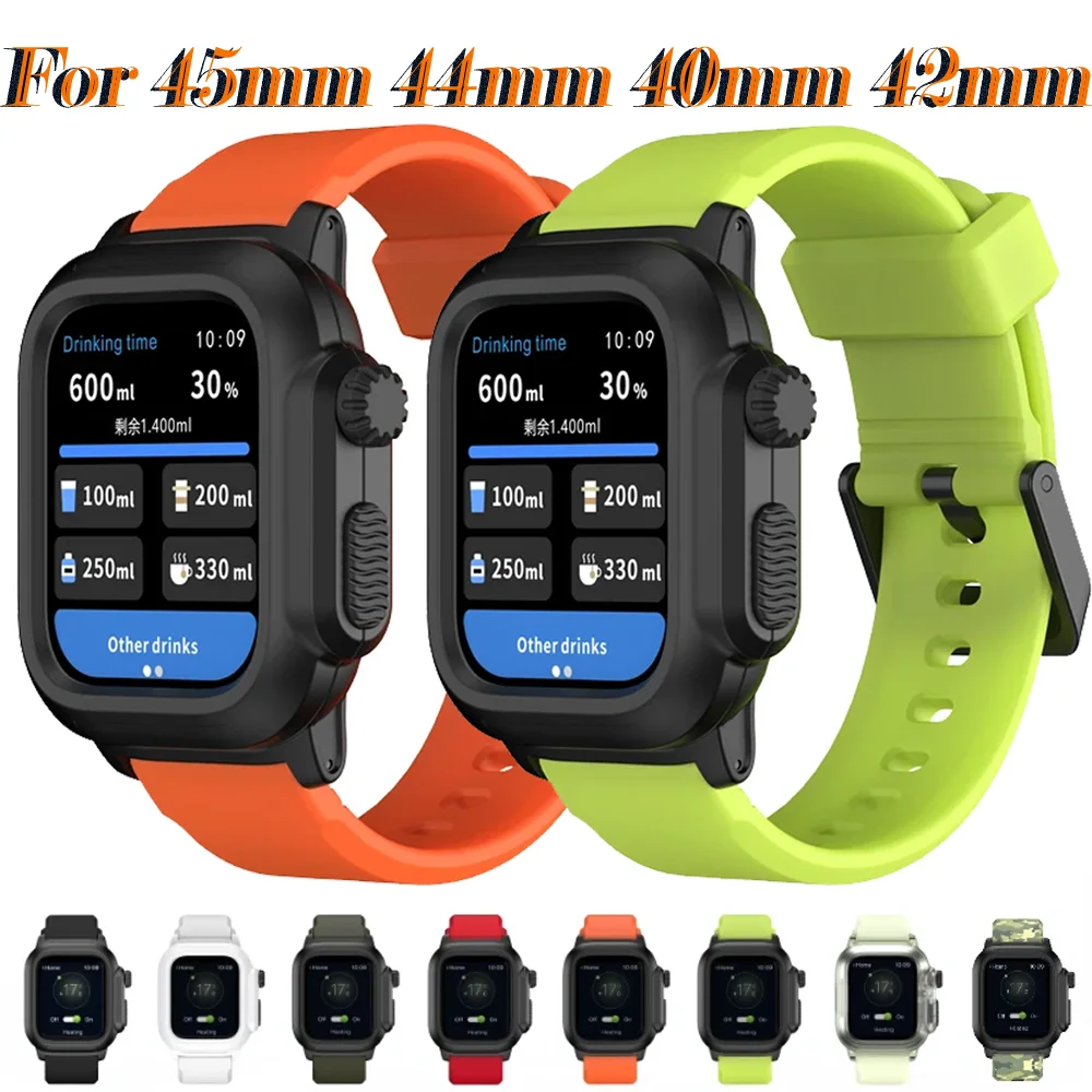 IP68 Waterproof Cover For Apple Watch Case 9 8 7 45mm Outdoor Sport Silicone Wristband iWatch 6 5 4 SE 44mm 40mm 3 2 42mm Strap