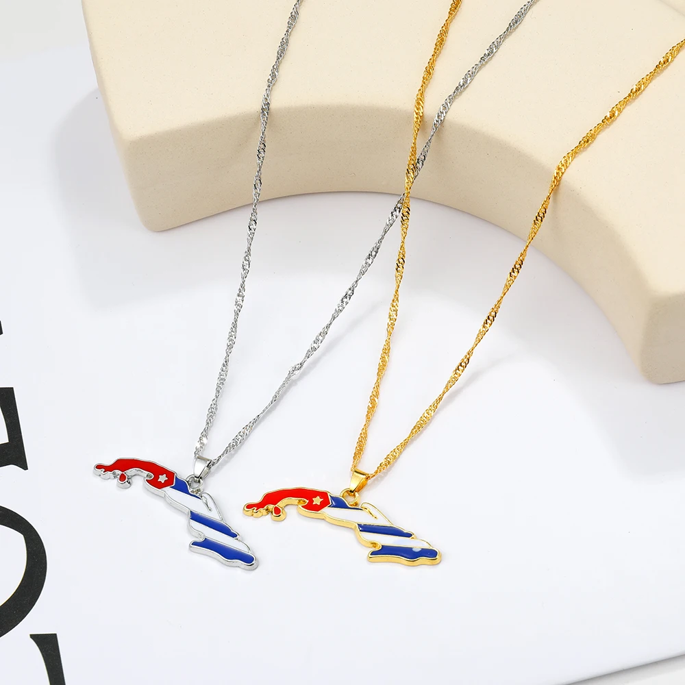 Travel Accessories Ideas - Cuba Map Flag Pendant Necklace -