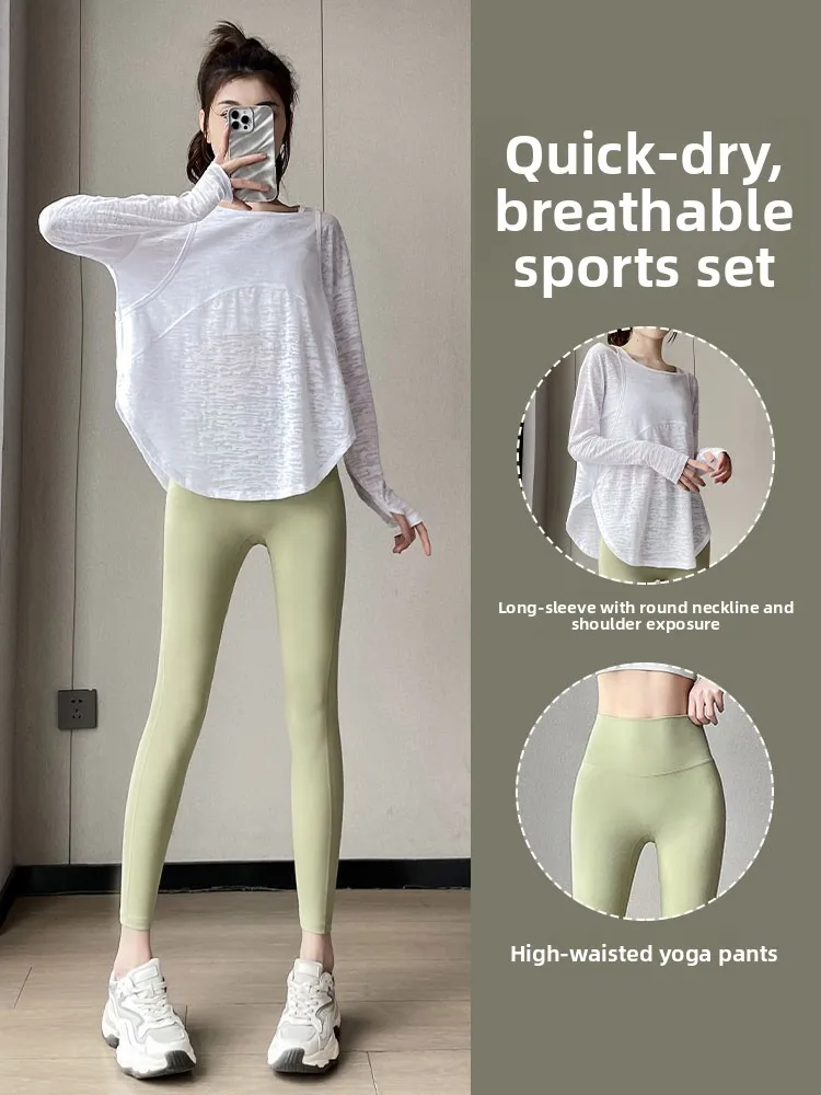 

Women's Yoga Fitness Suit Set Quick Dry Sun Protection Shark Pants Running Sportswear Long Sleeve round Neck T-Shirt
