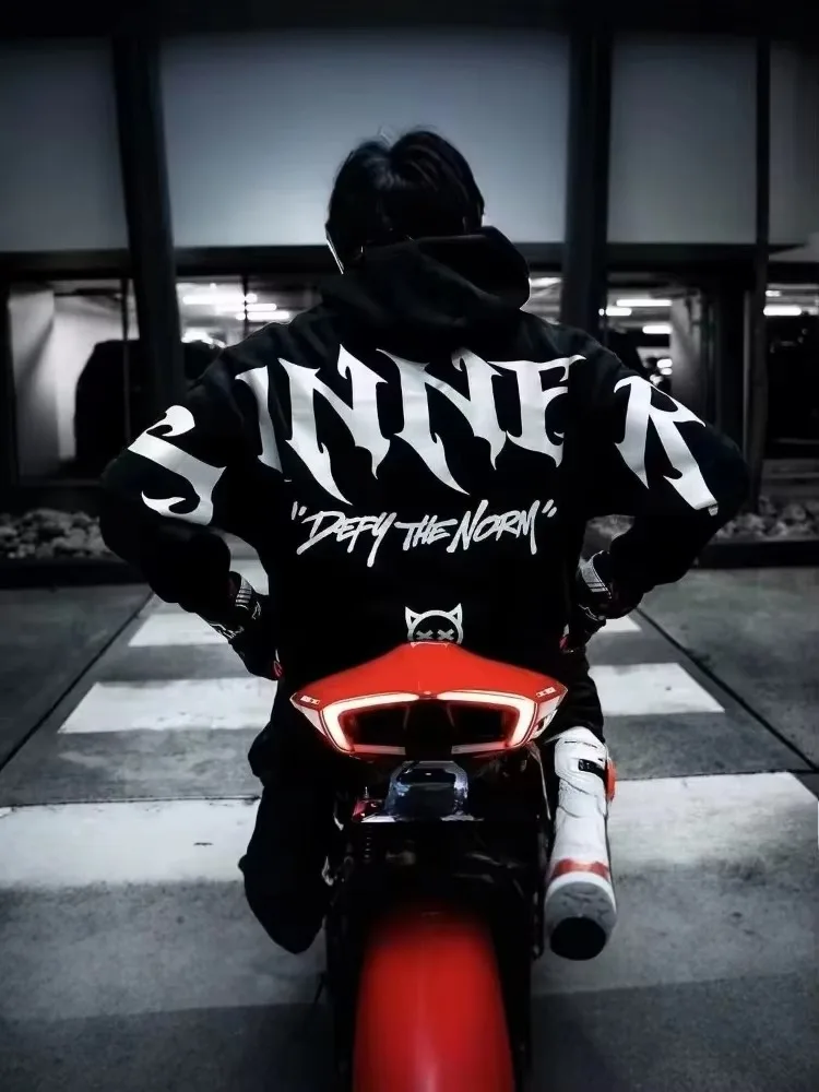 Reflektierender Hoodie im Street-Stil für Herren, Y2k-Stil, Gothic, langärmelig, Pullover, Kapuzenpullover, lockerer Schnitt, Motorradfahrer, für Ausflüge in der Nacht, Neu – Detail 9