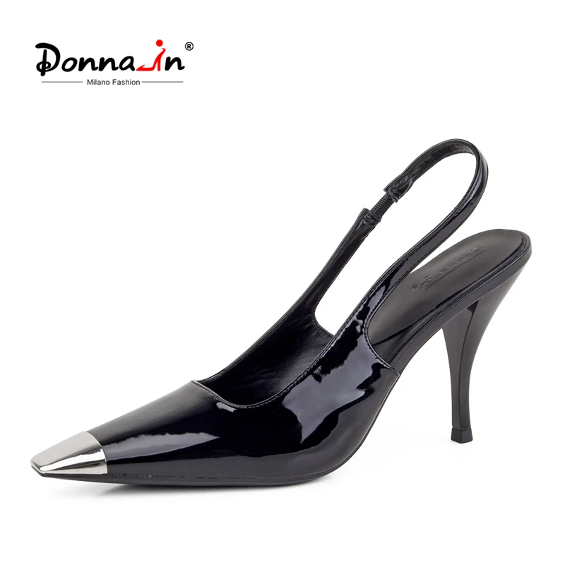 Donna-in Slingback Sandals Women Sheos Black Stiletto High Heels Patent Leather Square Toe Fashion Sexy Ladies Dress Pumps