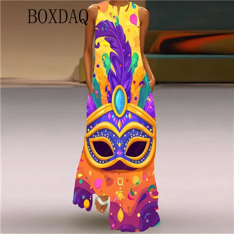 Mardi Gras Y'All Carnival Party Women Dress 2025 Sexy Sleeveless V-neck Print Long Dress Casual Evening Maxi Dresses Summer Robe — zdjęcie 4