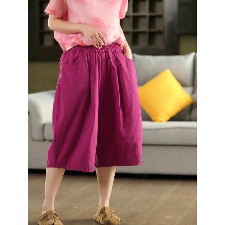 Pantalon rétro en coton et lin pour femmes, jambes droites, ample, taille élastique, amincissant, décontracté, couleur Pure, longueur de sept pieds