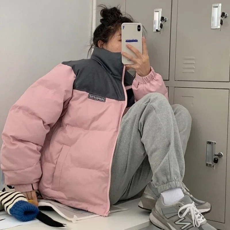 2021 Winter Women Warm Thicken Outerwear Loose Parkas Coat Fashion Color Matching Cotton Windbreaker Jacket New Zip Coats Korean